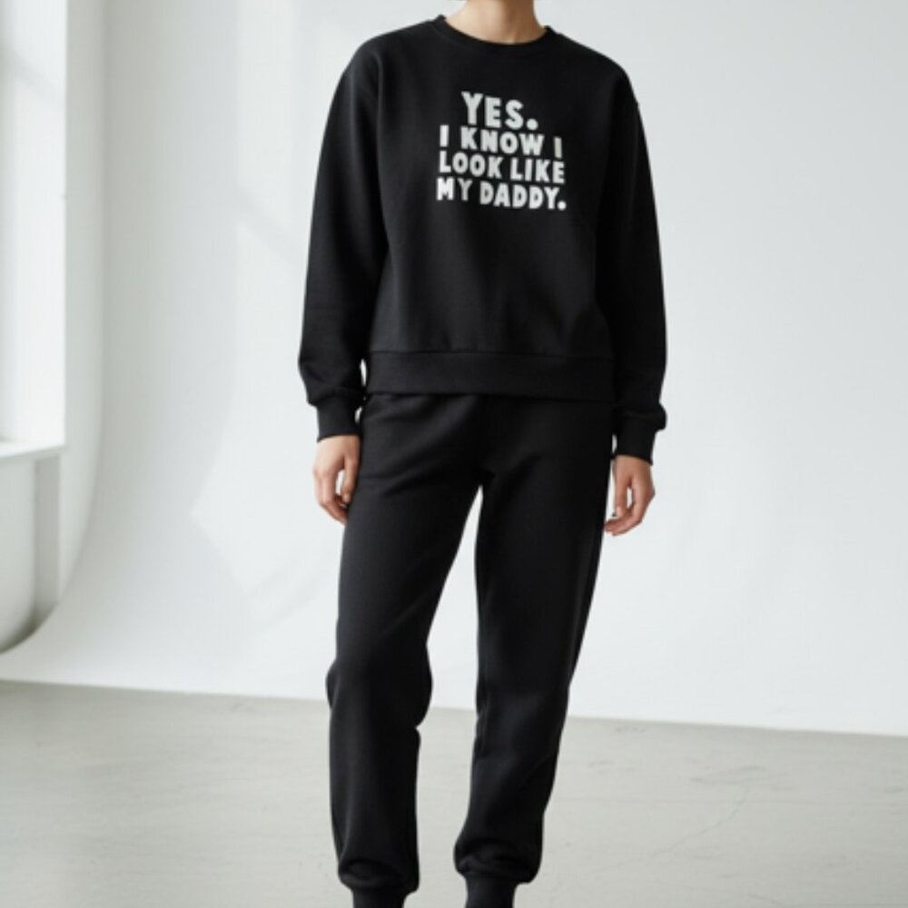 Kids Black Sweatsuit With Applique-Pants (H&M) Size 6X-Top (Shein) Size 4